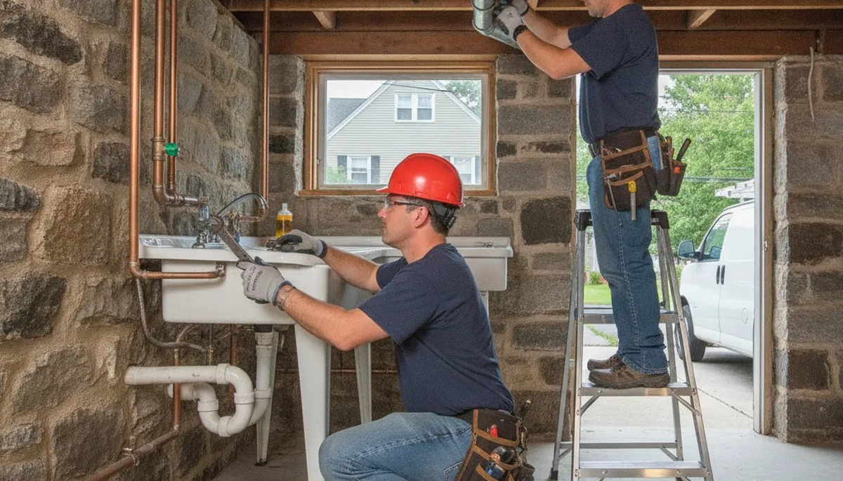 Plumber repairing a leak in Worcester, MA plumbing service van with tools on site