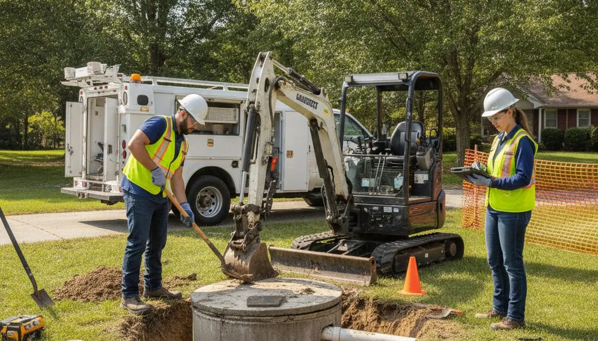 Septic repair for Worcester, MA homes by On Call Plumbers, inspecting a residential system